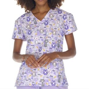NWT Women's 2X Purple Cat Meow Print Scrubfinity Basix Scrub Top